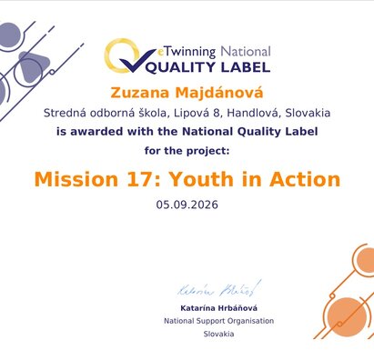 eTwinning projekt Mission 17: Youth in Action získal Národný certifikát kvality