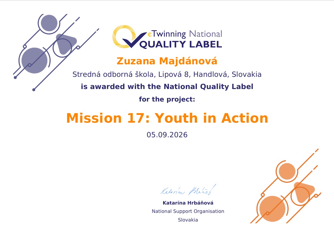 eTwinning projekt Mission 17: Youth in Action získal Národný certifikát kvality